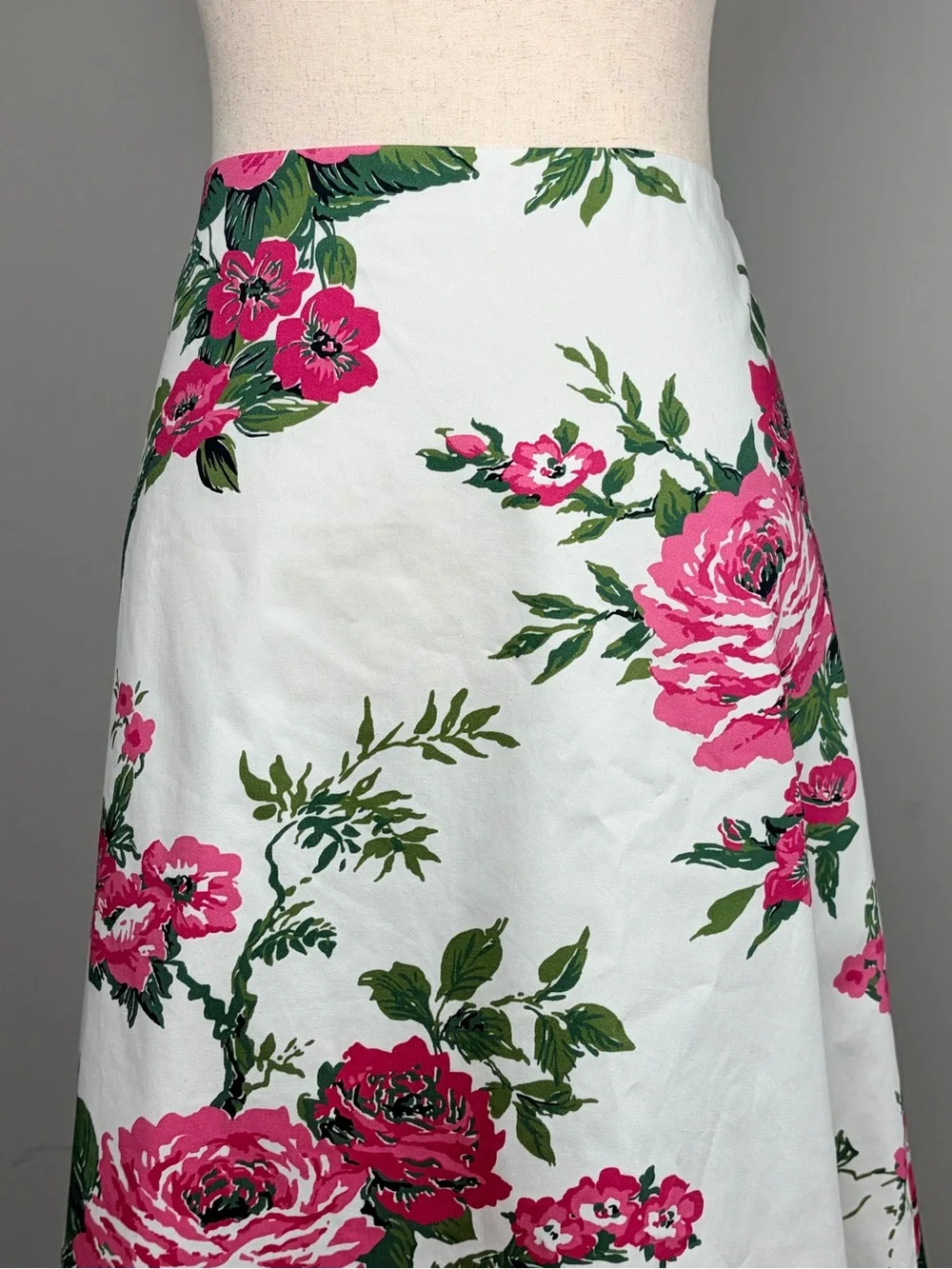 Carolina‎ Herrera Floral Rose Print Midi Skirt Sz 12 White Pink Made Italy